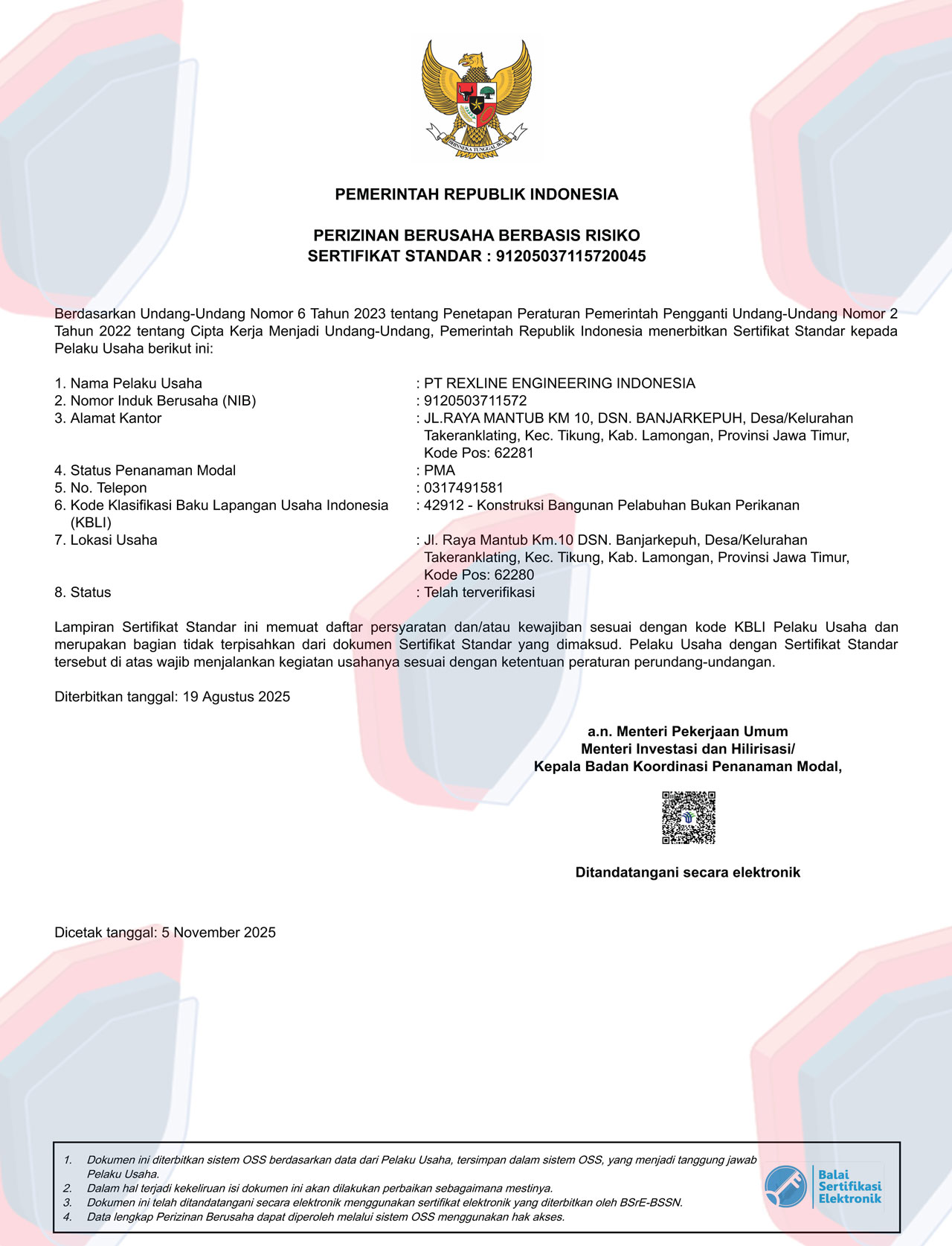 Perizinan Berusaha Berbasis Risiko Sertifikat Indonesia - Rexline Engineering