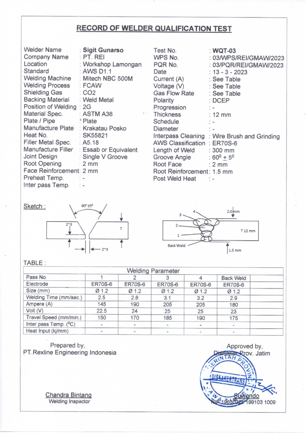 REXLINE - WPS PQR WPQT GMAW