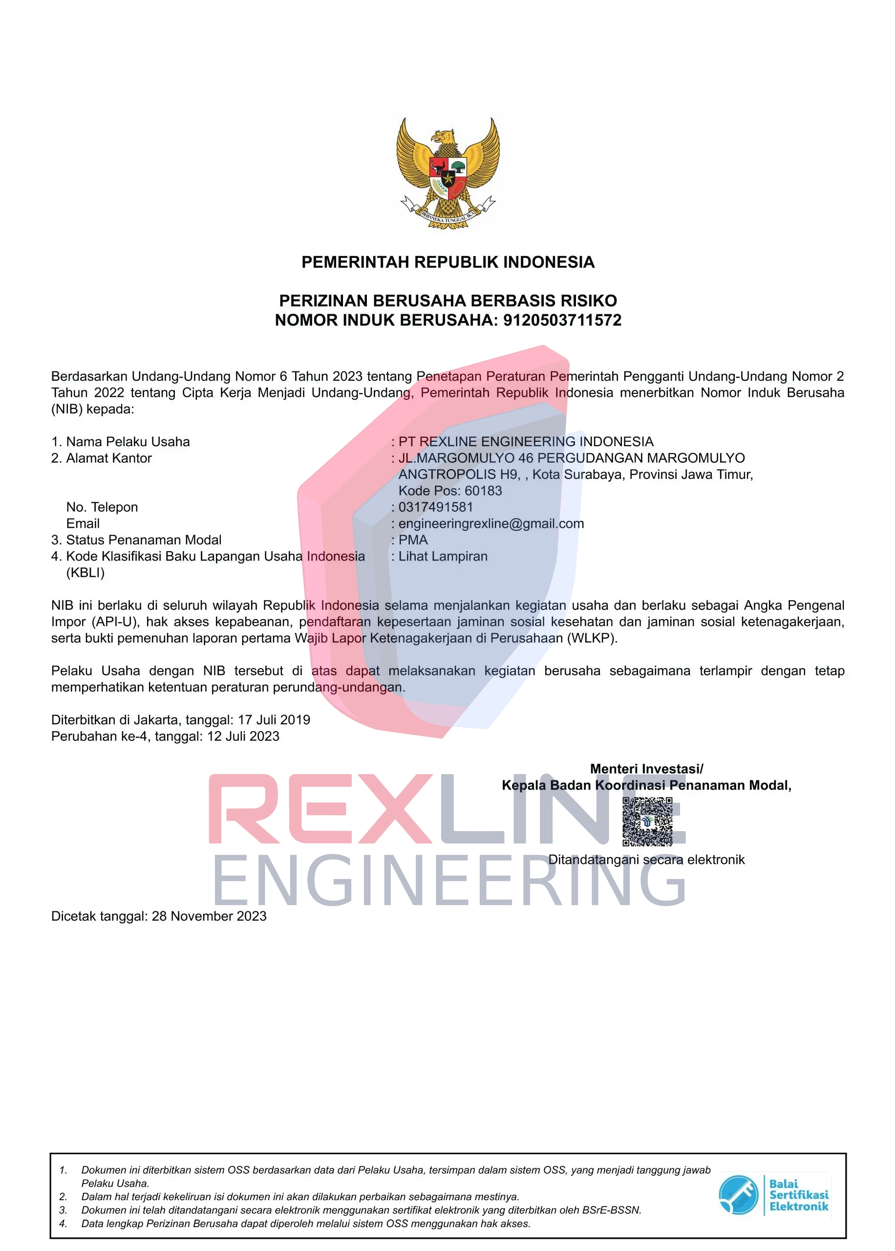 Legality Certificate Indonesia - Rexline Engineering