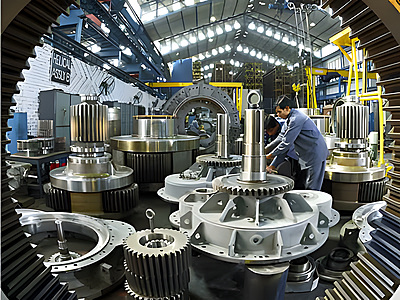 Large industrial gearboxes from the EOS series in a material handling equipment manufacturing facility