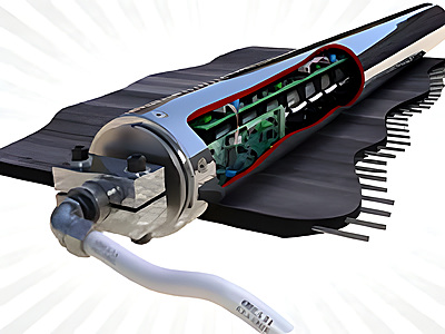 Cutaway render of a conveyor idler roller showing an embedded condition monitoring sensor module