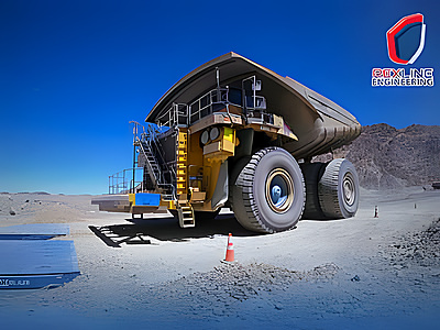 Large mining haul truck positioned on a Rexline weighing system at a mine site
